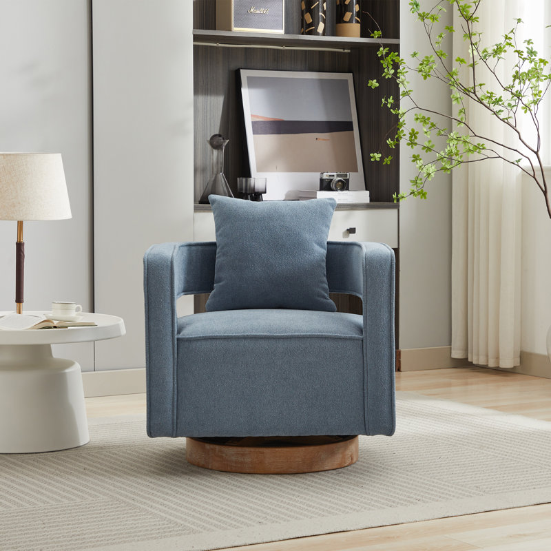 Fauteuil demi-tonneau pivotant à dossier creux de 29,1 po de largeur avec base en bois, Mélange de lin bleu pâle