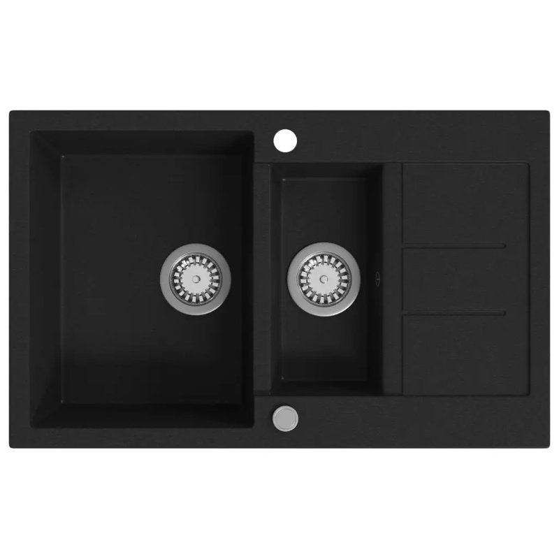 Belfry Kitchen Vada 500mm W Double Bowl Stone Kitchen Sink with 1 Faucet Hole, Black