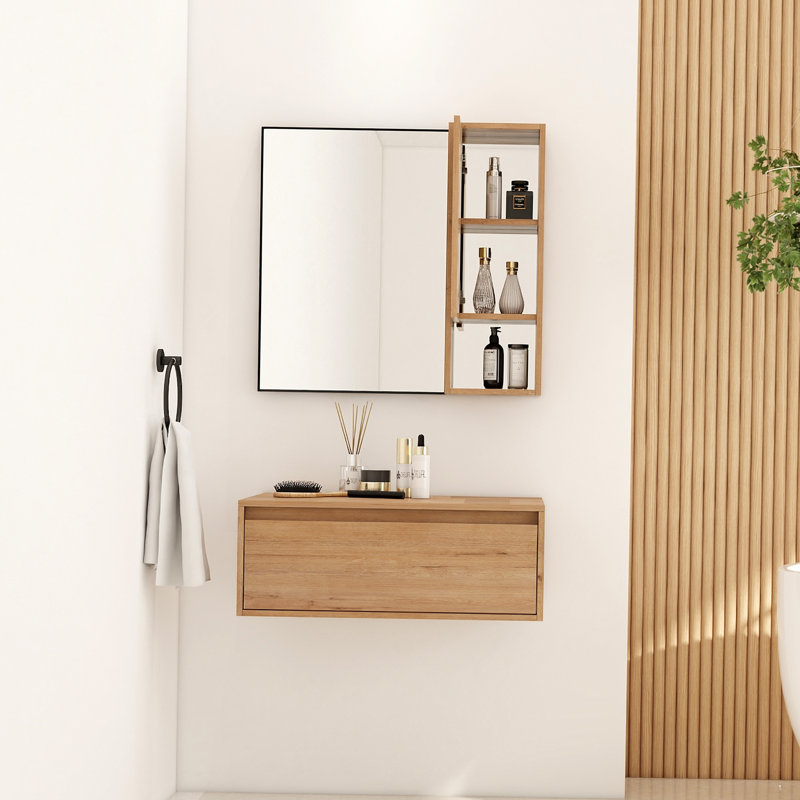 Coiffeuse 30 po avec miroir, armoire de rangement murale avec porte à fermeture en douceur, miroir et cadre en aluminium noir