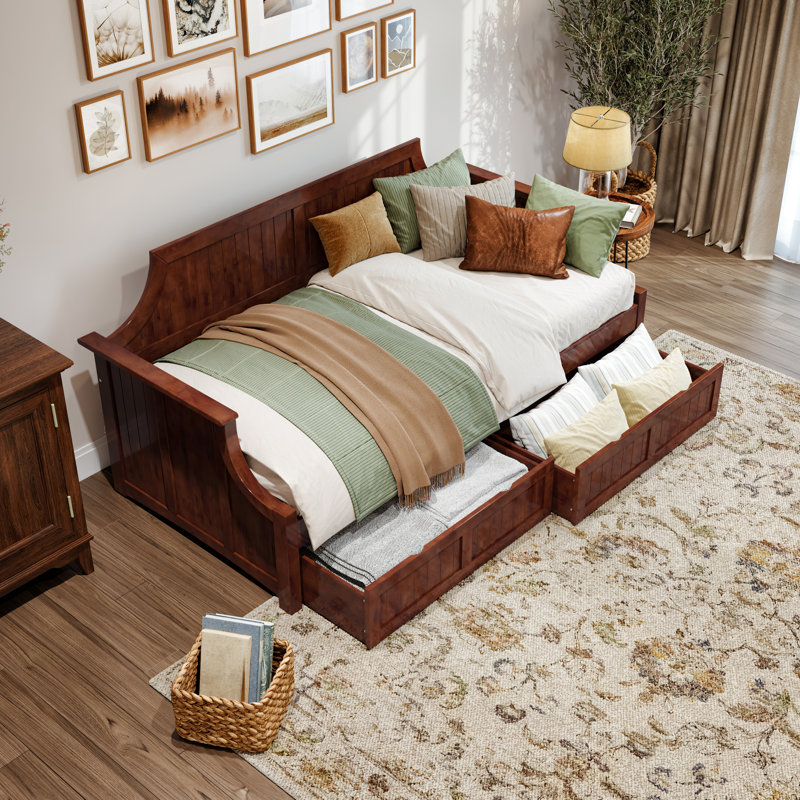 Antavious Coastal Cottage Solid Wood Twin Daybed with Storage Drawers, Walnut