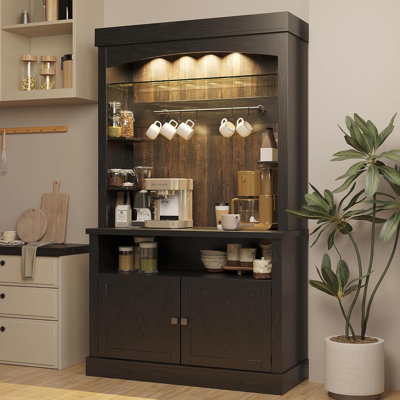 Karuna Coffee Bar Cabinet With LED Lights 72" Tall Buffet Cabinet With Storage Farmhouse Kitchen Sideboard Tall Coffee Hutch Cabinet With Microwave Stand