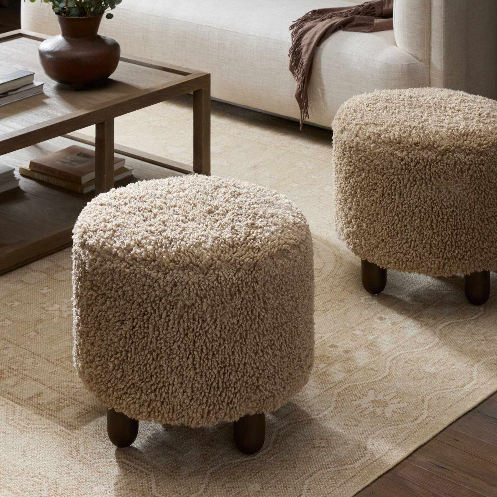 Risco 23" Round Shearling Footstool Ottoman, Andes Toast Sherpa, Burnt Birch
