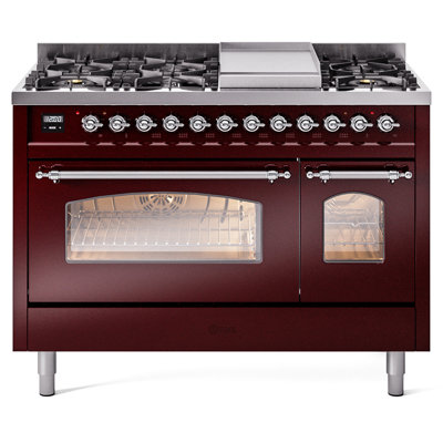 ILVE Nostalgie II Series 48 in. Dual Fuel Range with 8 Sealed Burners, Griddle (Liquid Propane, Glass Door)