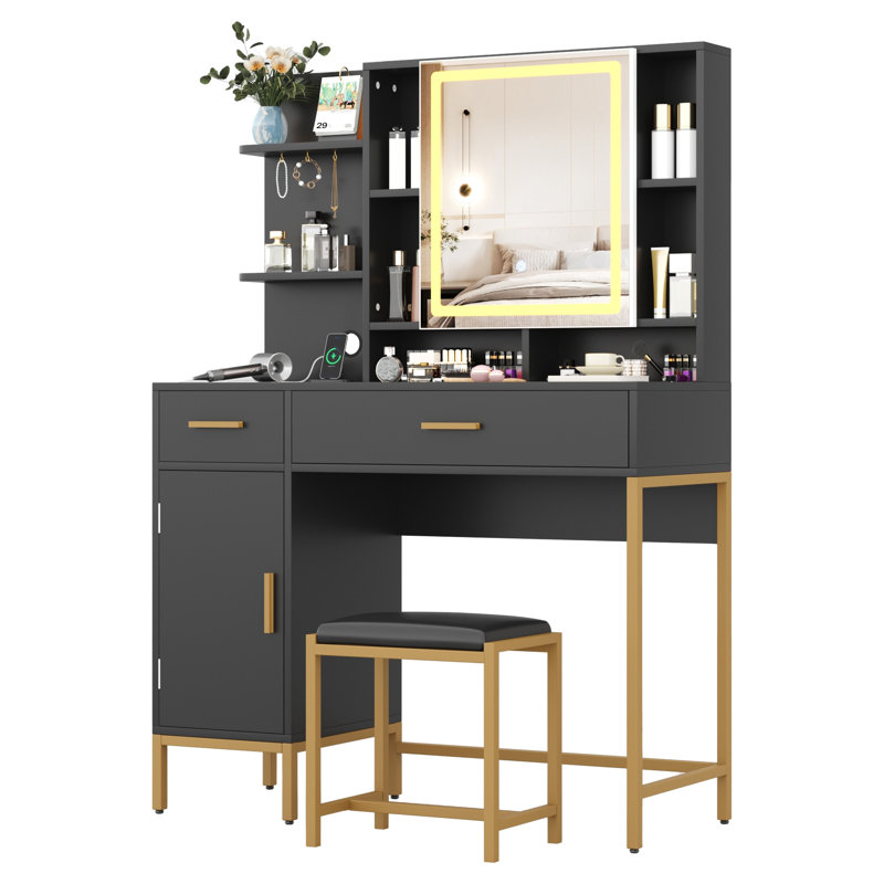 Ensemble de coiffeuse avec lumières à DEL, ensemble de coiffeuse blanche moderne avec tabouret moelleux, 3 coiffeuses avec 2 tiroirs, tablettes ouvertes, armoire et station de charge