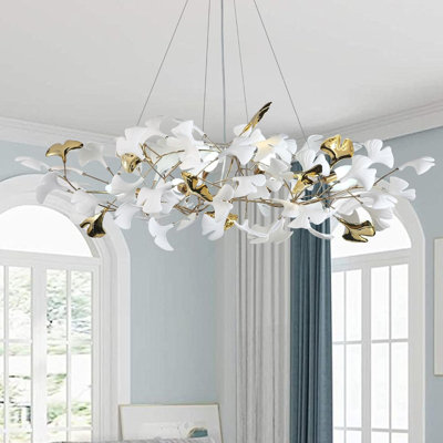 47-Inch Gold Ginkgo Leaf Chandelier, Modern Ceramic & Brass Branch Pendant Light for Dining Room Living Room Bedroom