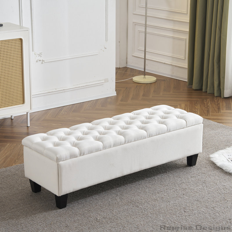 Bouton - Repose-pieds capitonné avec rangement, Blanc