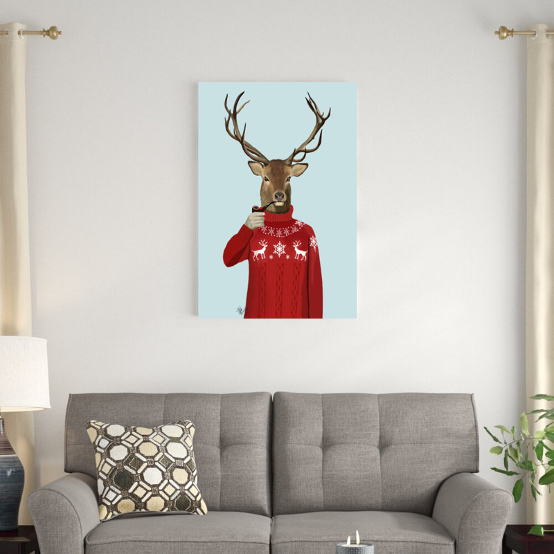 «Deer In Ski Sweater» par Fab Funky - impression sur toile tendue, H 36 po x l 24 po