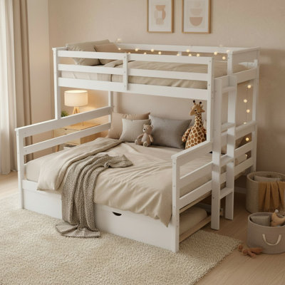 Twin XL Over Queen Bunk Bed With Trundle, Space-Saving Convertible Design, Wood, Platform Frame, Modern & Contemporary, Kids Bedroom