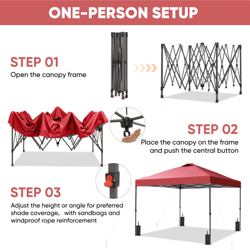 10X10 Pop Up Canopy  Tent With One Push Setup,  Instant Portable Shelter With Sandbags, Red, 10 ft. W x 10 ft. D, Red