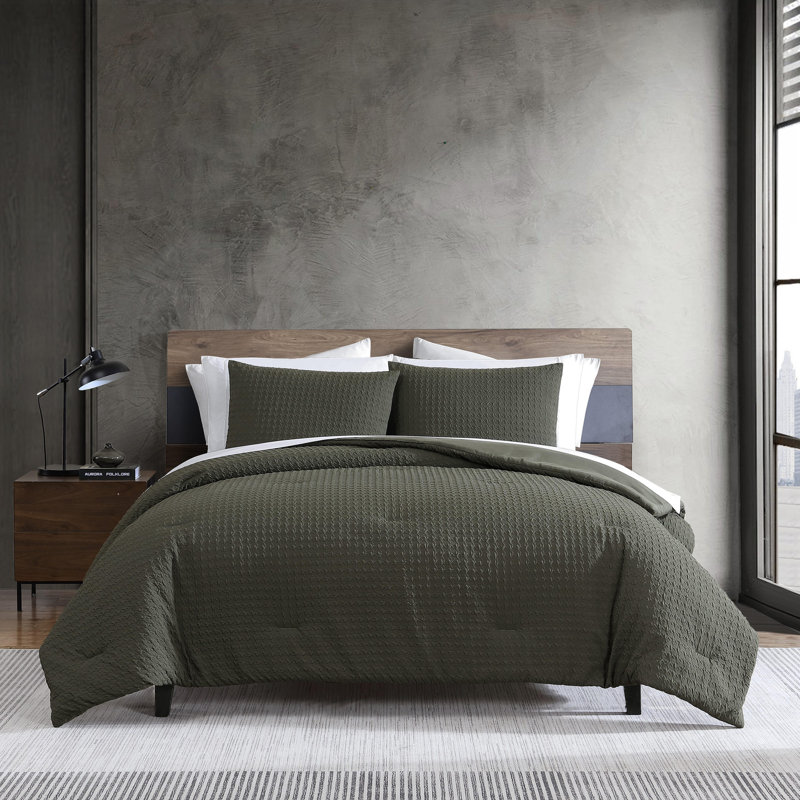 Ensemble d'édredon réversible vert Kenneth Cole Houndstooth, Édredon pour lit simple + 1 taie décorative stan