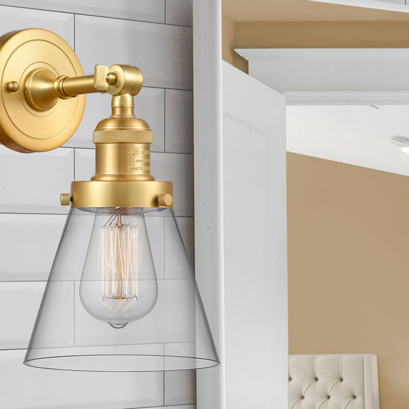 Applique murale 1 lumière Cone, Ampoule incandescente rétro 60 watts, Clair, Or satiné