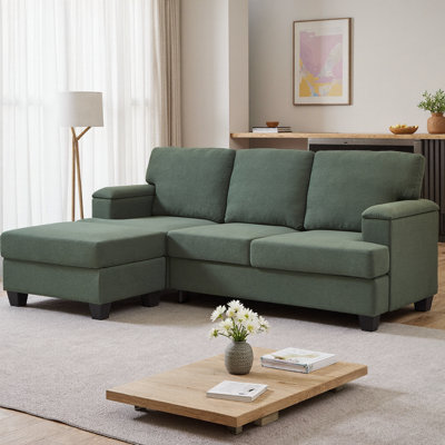 86" L-Shaped Sectional Sofa with Movable Ottoman & Armrest Storage, Upholstered 3-Seater Linen Couch with Thick Cushions for Living Room, Apartment by Latitude Run