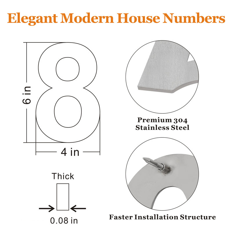 Numéro de maison à fixation flottante en acier inoxydable H 6 po, Argent, 8