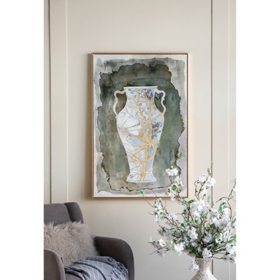 Toile peinte à la main avec un vase de style rétro 31,5 x 47,2 pouces, matériau de pin multicolore, idéal pour les espaces de vie, bureaux, arrière-plan bleu et or terreux 35% PS 30% 15% 10% papier 5% fer