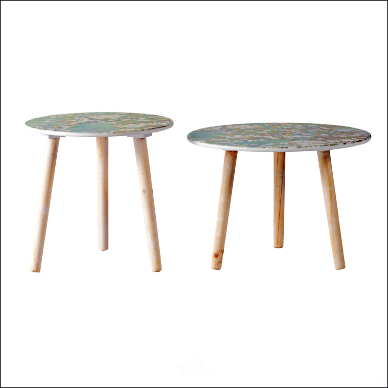Set of 2 Side Table,Round Coffee Table,Painted Cherry Blossom Top