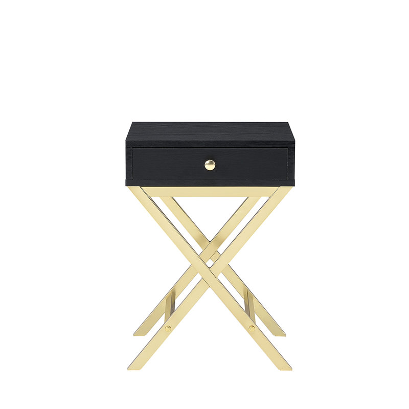 Table d'appoint avec plateau rectangulaire noir et tréteaux en métal au fini laiton et table, base tubulaire à 1 tiroir