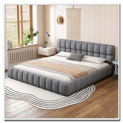 King Size Upholstered Platform Bed with Thick Fabric