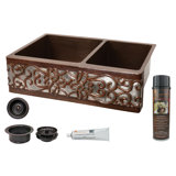 33" Hammered Copper Kitchen Apron 60/40 Double Basin Sink w/ Scroll Design and Apron Front Nickel Background w/ Matching Drains and Accessories