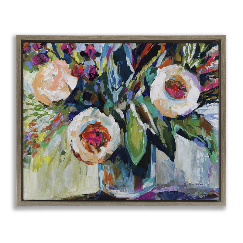  "Modern Fiesta Flowers", art mural sur toile par Jeanette Vertentes, H 17 po x l 21 po, Cadre flottant orme Montalcino
