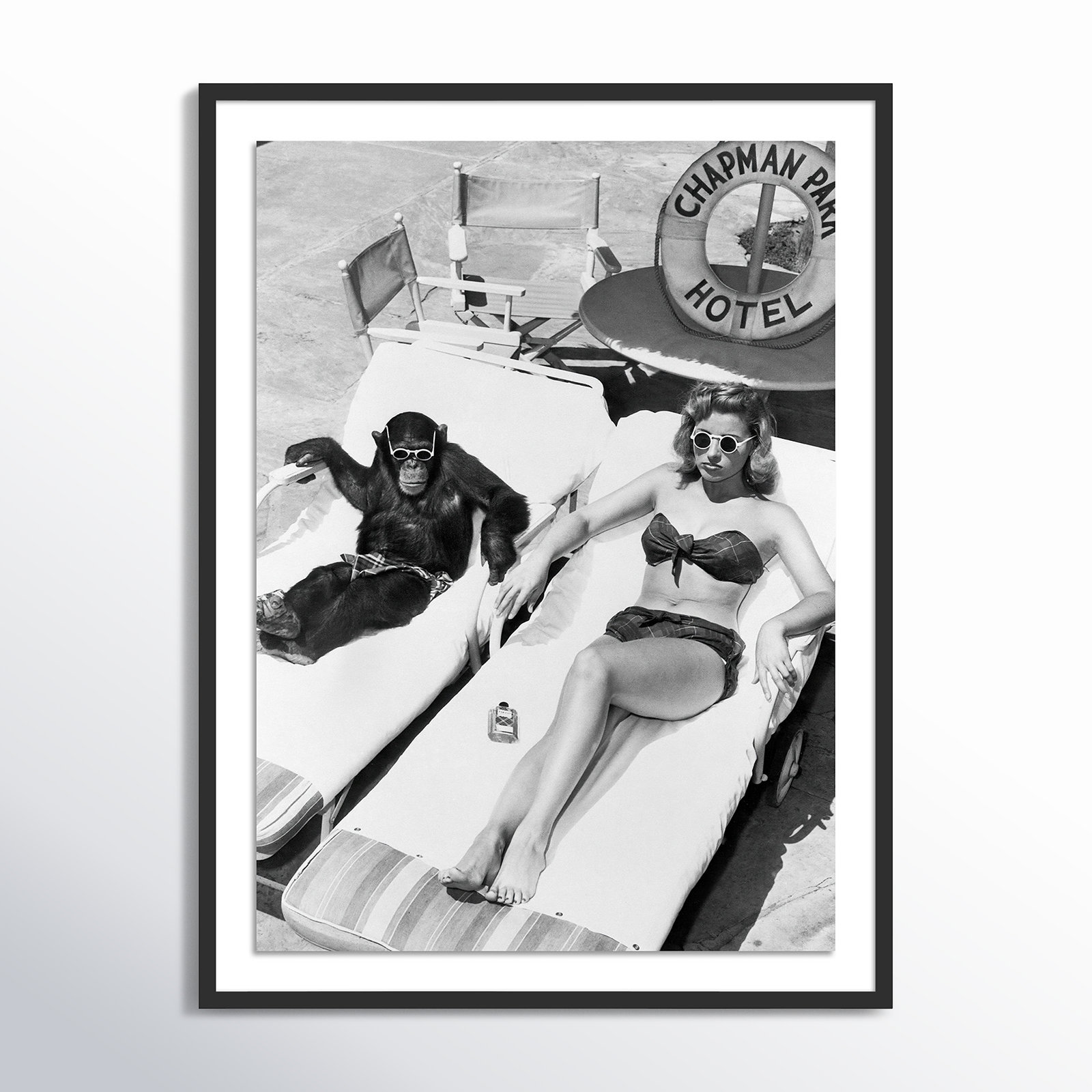 Woman Sunbathing With Chimpanzee by Getty Images, Black Maple Framed, 48" H x 36" W