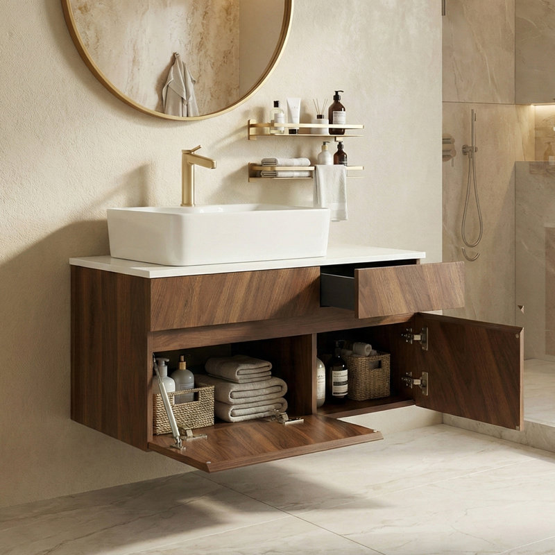 31.5'' Wall-mounted Single Bathroom Vanity With Faux Marble Countertop , Modern Walnut Wood Floating Bathroom Cabinet With Ceramic Basin Sink