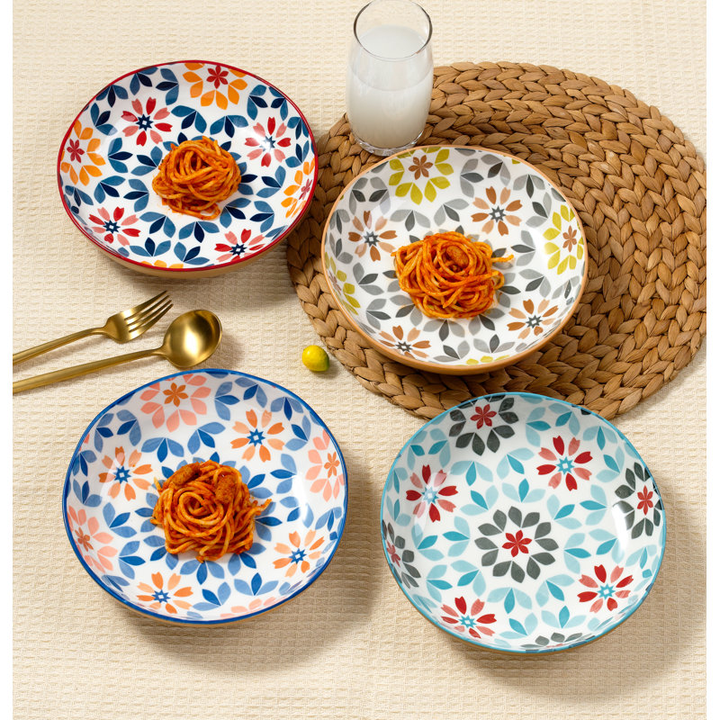 Lorren Home Trends Decorative Bone Pasta Bowls With Floral Pattern, Set Of 4, Multi-color