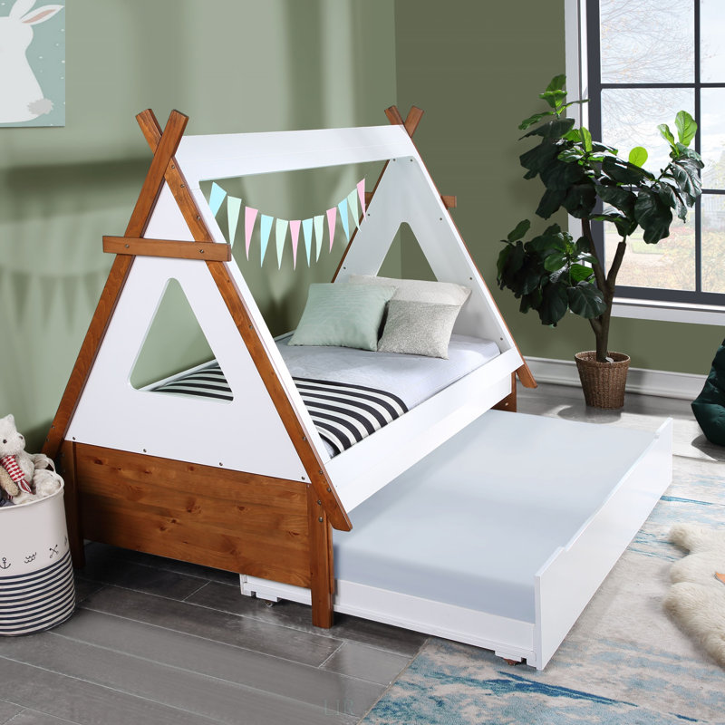 Lit simple avec lit gigogne Loreen Oak & White
