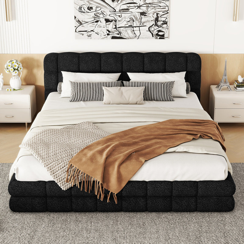 Grand lit plateforme tapissier, noir, Black, Grand lit