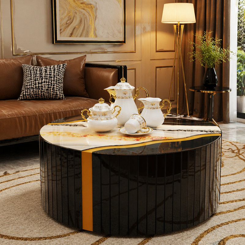 Table basse ronde noire et dorée