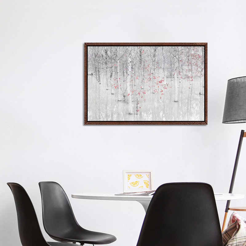 Red And White by Fiorenzo Carozzi - Print on Canvas, Classic Brown Wood Floater Framed, 66.04cm H x 101.6cm W x 3.81cm D