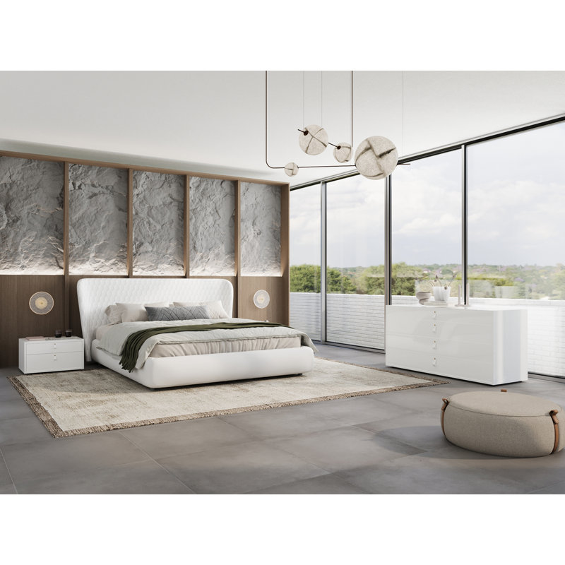 Upholstered Metal Wingback Storage Bed, King, White