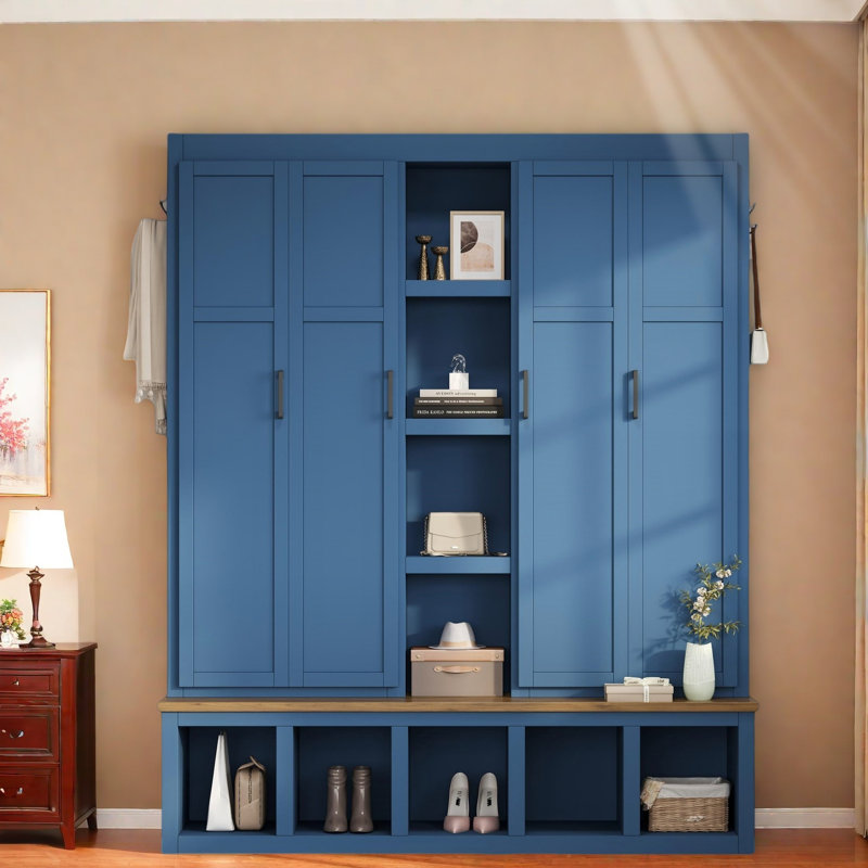 Farmhouse 4-in-1 Hall Tree With Hanging Hooks, Open Compartments, Wood-grain Bench And Shoe Cabinets, Blue
