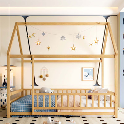 Floor Wooden Bed With House Roof Frame And Fence Guardrails For Enhanced Safety And Comfort, Perfect For Children's Bedrooms