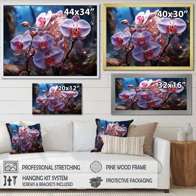 «Purple Orchids In Amethyst Hues Grow In Serenity», reproduction sur toile, Cadre simple blanc, H 16 po x l 32 po x P 1 po