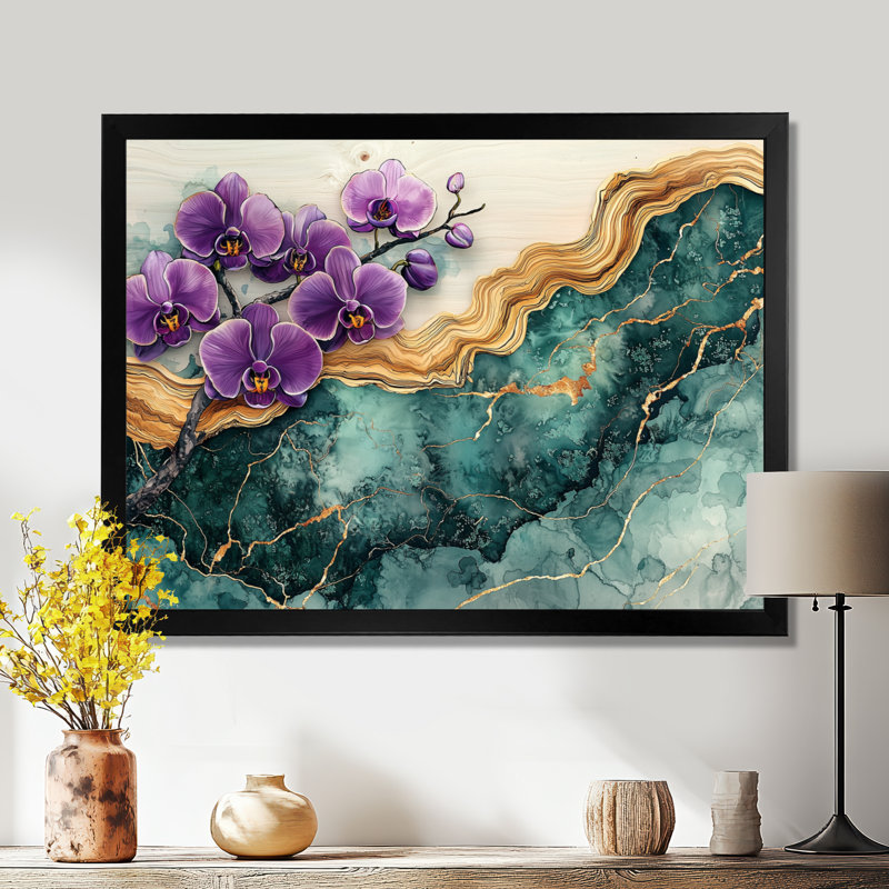 Lavande orchidées fleurs sur émeraude géode IV - art mural orchidée, Reproduction encadrée d'une seule photo
