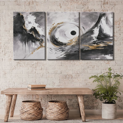 Tableau sur toile, lavis d'encre chinoise, motif de montagne et de tai-chi, cercle abstrait oriental