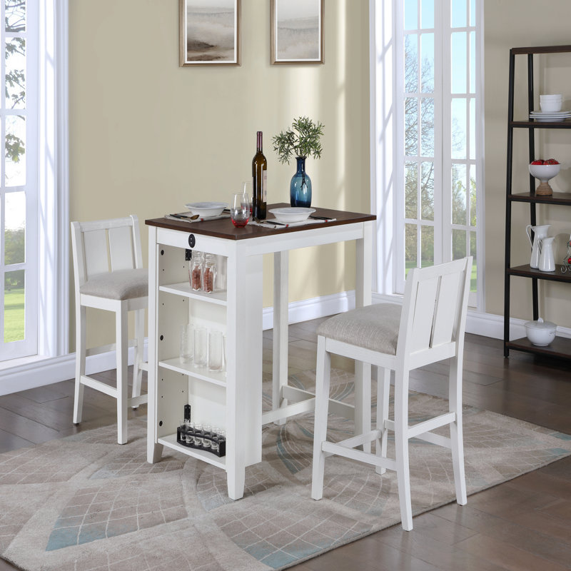 3-Piece White Finish Small Space Counter Height Dining Table With Shelves And 2 Chairs