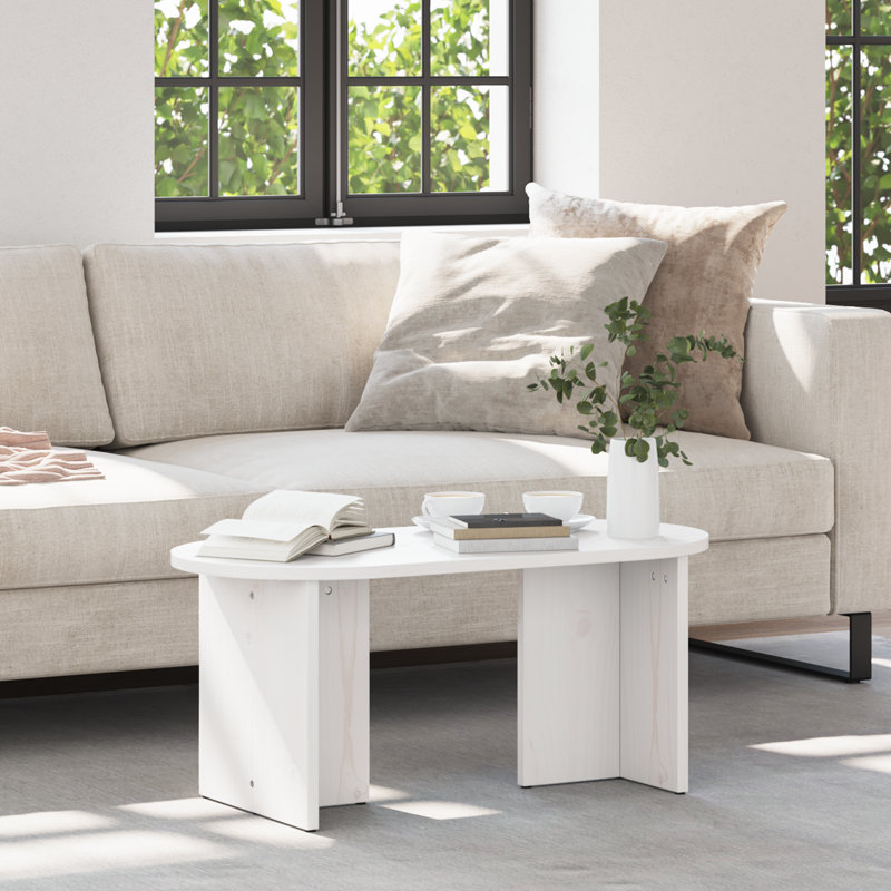 Coffee Table Solid Pine wood Modern Oval Living Room Indoor Decor, White