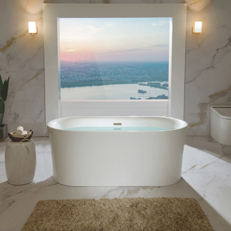 59'' x 29.52'' Freestanding Soaking Acrylic Curved Design Bathtub, Brushed Nickel, White
