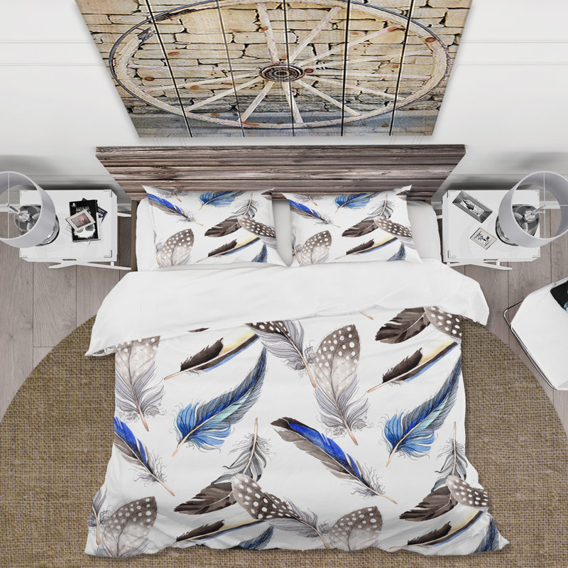 Blue Bohemian Bird Feathers II - Ensemble de housse de couette bohémien - Polyester en microfibre