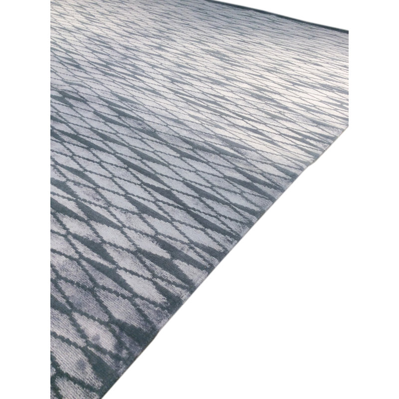 Tapis bleu / blanc à motif géométrique noué à la main, Rectangle 8 pi 2 po x 10 pi