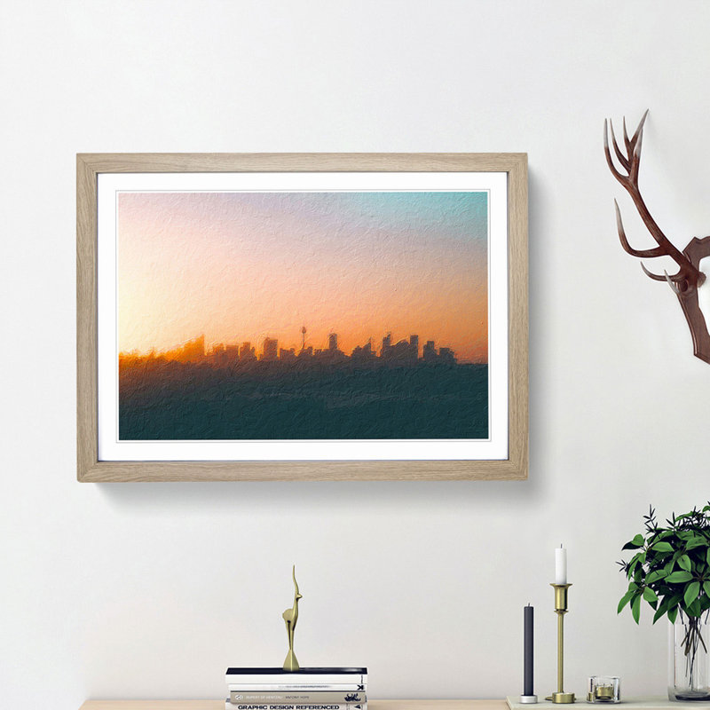 The Sydney Australia Skyline - Picture Frame Painting Print, 27cm H x 36cm W x 2cm D, Oak Framed