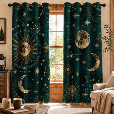 2 pièces célestes soleil lune étoiles constellation motif de rideaux bloquant le soleil, mystique galaxie impression tissu doux, tissu cosmique abstrait pour chambre à coucher salon pour la maison Dector