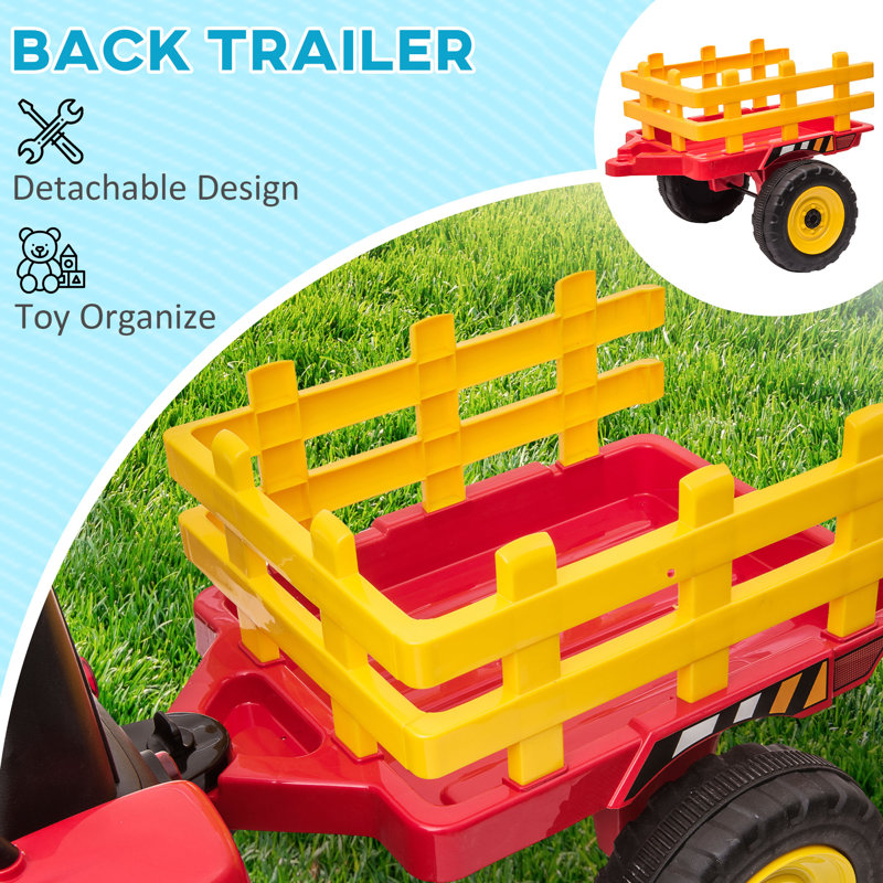 Red 12-Volt Ride-On Tractor with Trailer and LED Lights