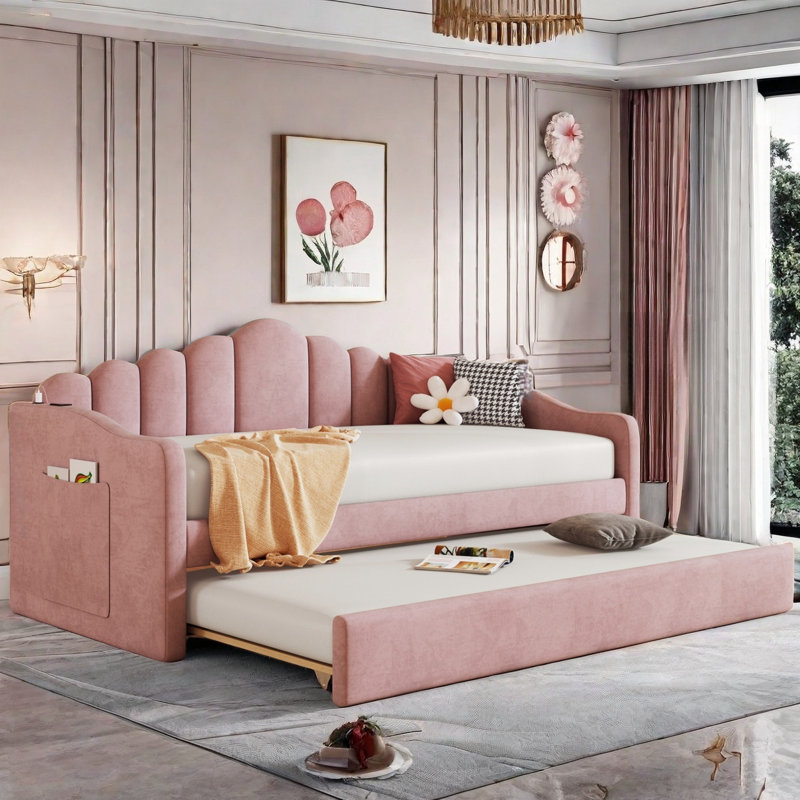 Lit de jour rembourré avec couchette et ports de chargement USB, Rose
