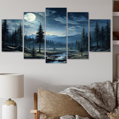 Blue Pine Tree Moonlit Serenade - Tree Pine Canvas Wall Art - 5 Panels