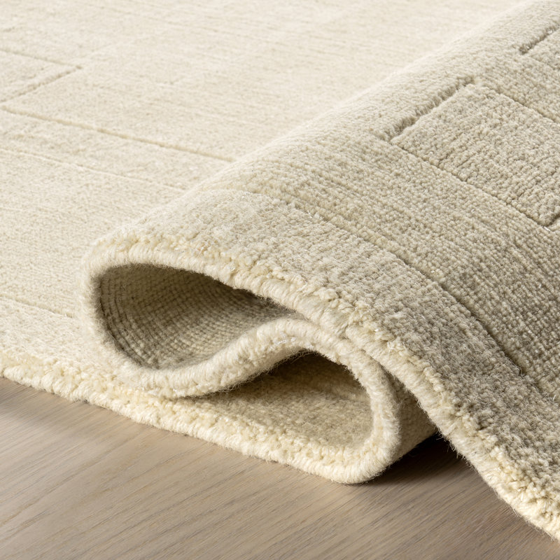 Ivory Rectangular Handmade Wool Area Rug