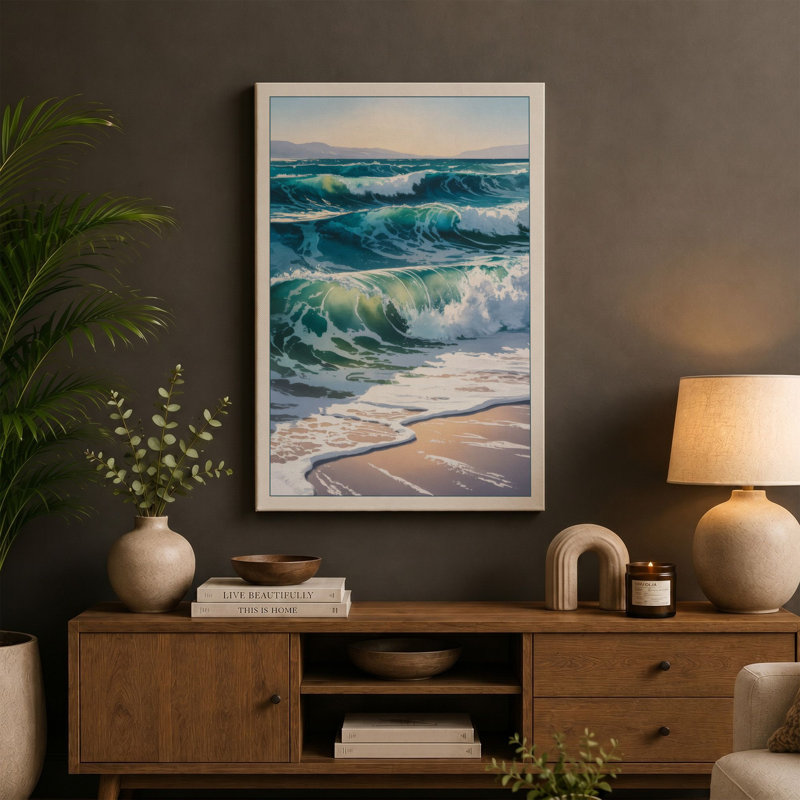 Waves at Shore Coastal - Wrapped Canvas, 36x24 - 91.4 x 61.0 cm, Black Border