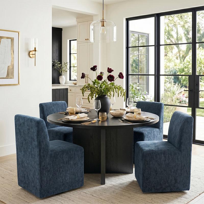 Ensemble de salle à manger rond de 5 pièces avec 4 chaises rembourrées entièrement assemblées sur roulettes, Bleu