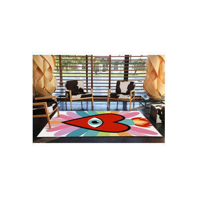 Tapis multicolore à motif de cœurs et de flammes à motif frangé et lavable à la machine